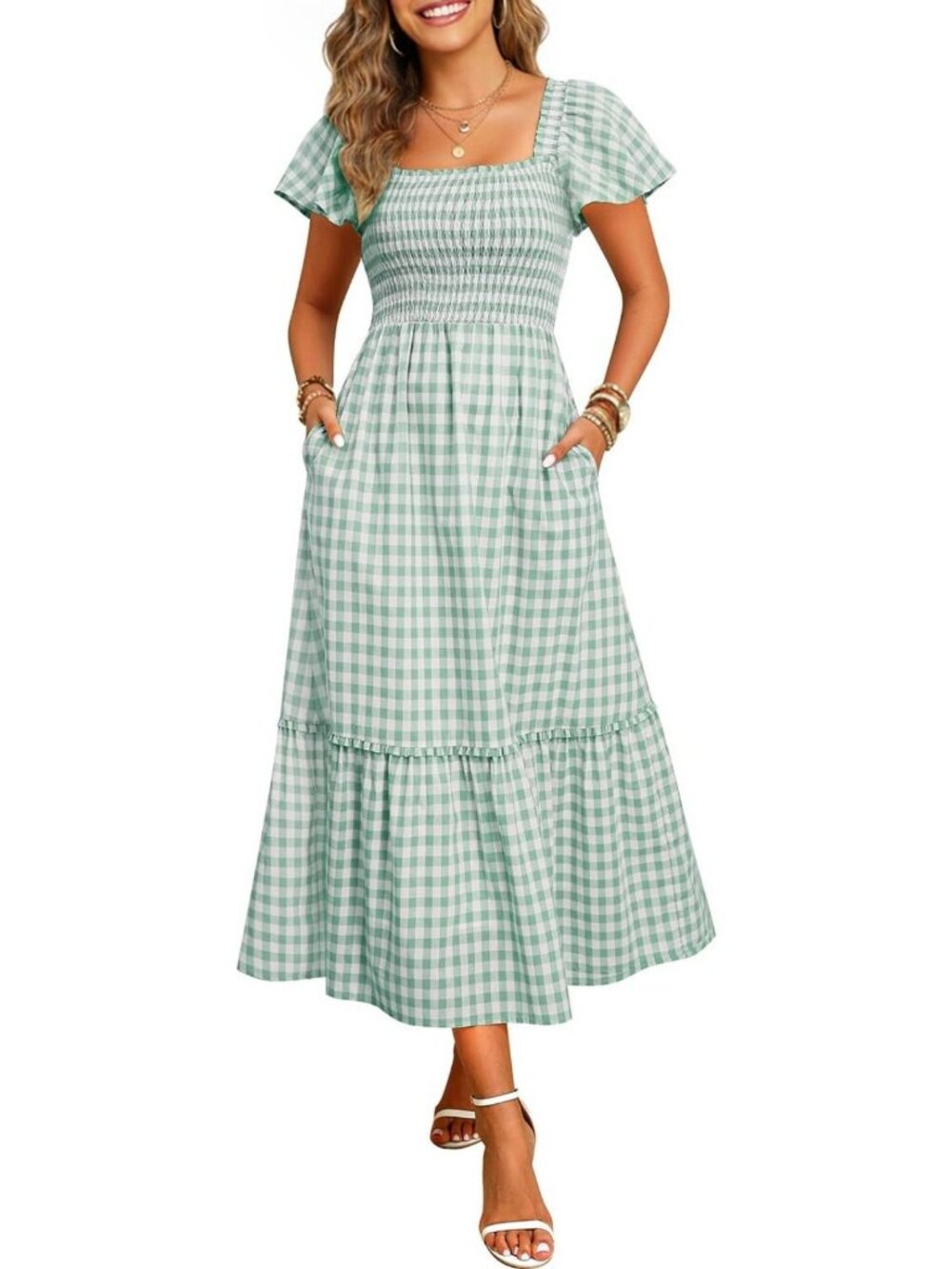 Vintage-Inspired Plaid Gingham Smocked Flutter Sleeve Summer Midi Dress